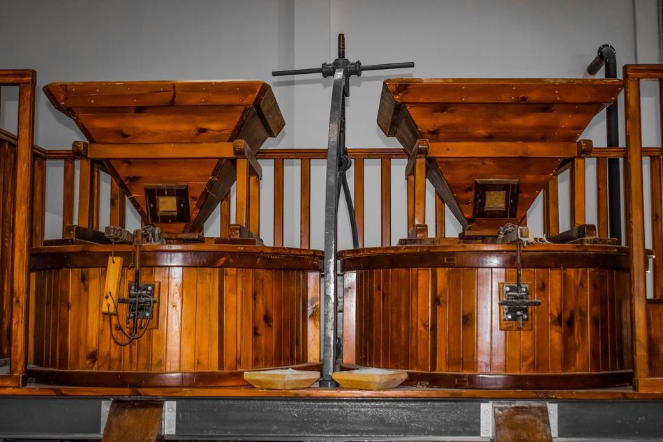 Close-up of the old, wooden machine in the Hadjigiorkis Flour Mill Museum in Frenaros, Cyprus