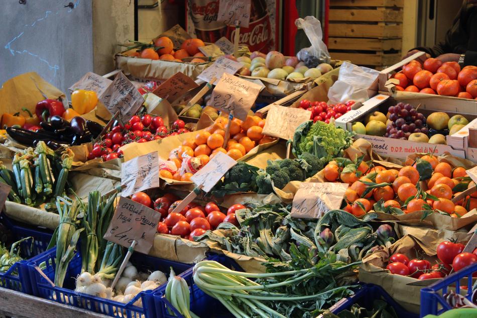 Fresh vegetables at the market in boxes