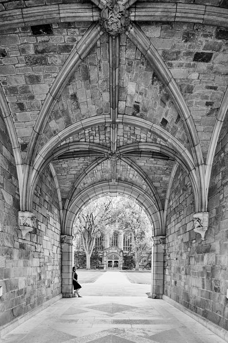 black and white, huge arch at the University of Michigan