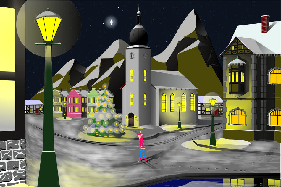 graphic winter village church
