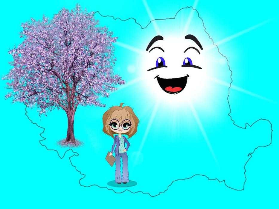 Map of Romania, with the girl, beautiful violet tree and smiling sun, clipart