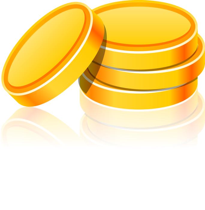Models of the gold coins, with reflections, at white background, clipart