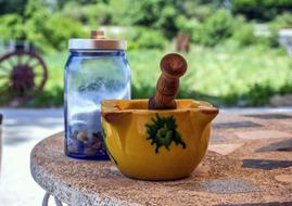 glass jar with mortar