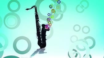 music, saxophone blowing bubbles at green background