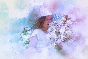 girl flowers smell art