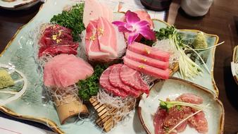 delicious meat on the table and sushi