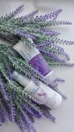 photo of a cosmetic mask and spray on a bouquet of lavender