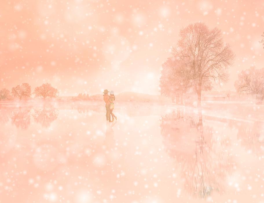 couple love trees snow snow lake