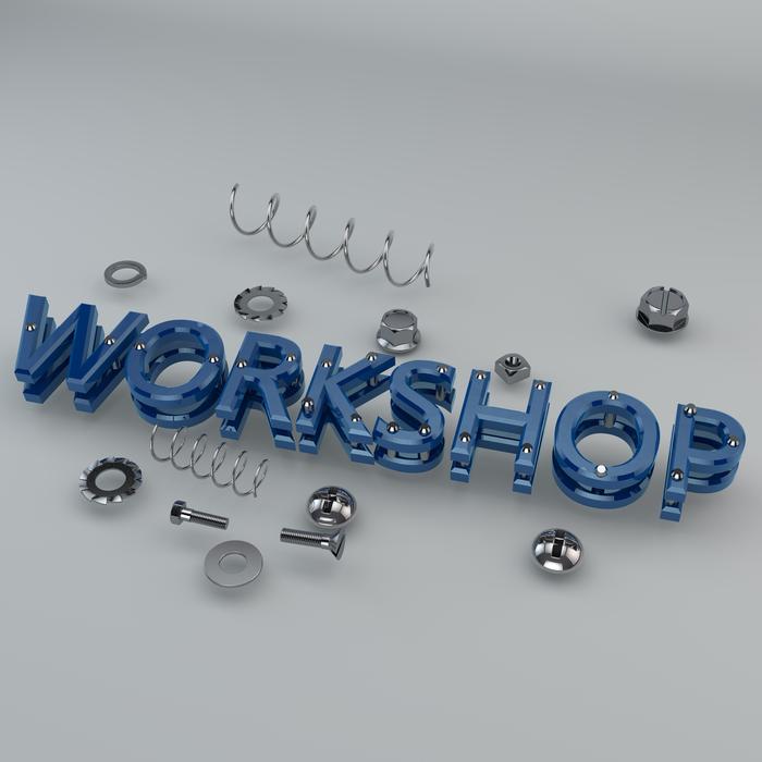 3d, blue 'WORKSHOP' sign among the details, clipart