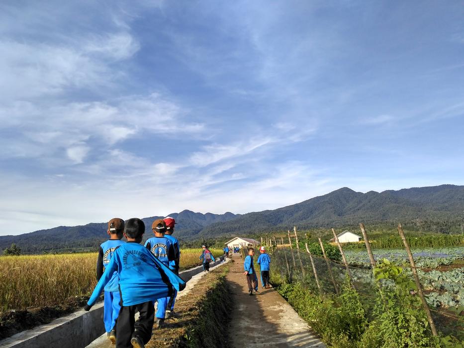 Kids, walking on the ceremony, among the colorful and beautiful fields and mountains in Indonesia