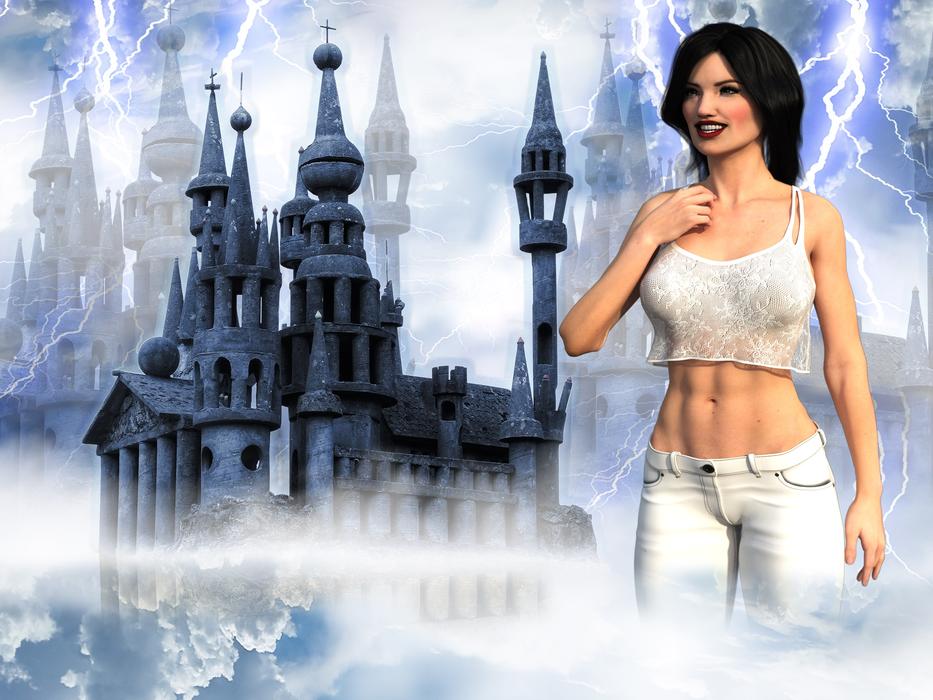 Smiling woman in white clothing, among the clouds and thunderbolts, clipart