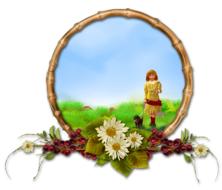 Colorful, round landscape with the girl with dog and plants with flowers, at white background, clipart