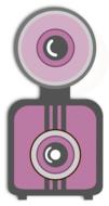 Vintage, pink, purple and grey camera, at white background, clipart