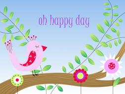 a pink bird on a branch with a postcard written on it