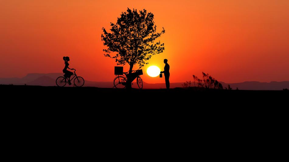 sunset bike woman man people