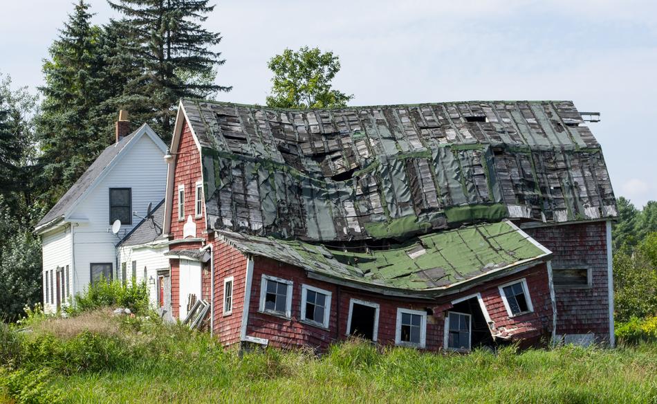 Destroyed building in the village