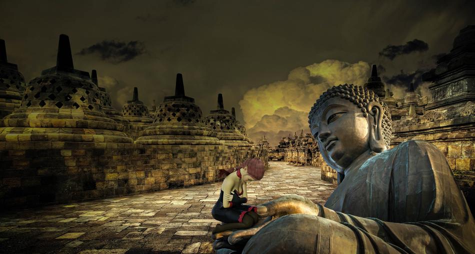 fantastic image of buddha against the backdrop of an asian temple