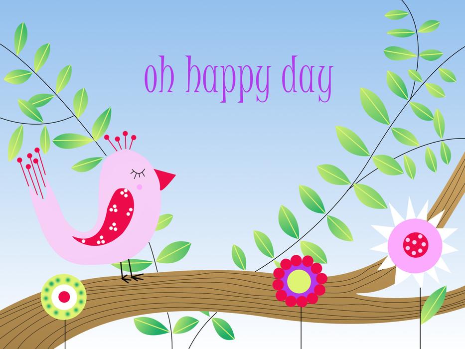 a pink bird on a branch with a postcard written on it