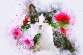cat animal art abstract flowers