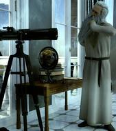 astronomer and telescope by the window