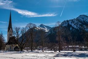 house mountains trees snow