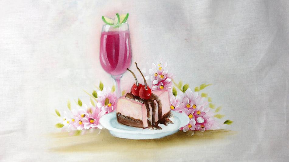 picture of a cream cake with a drink