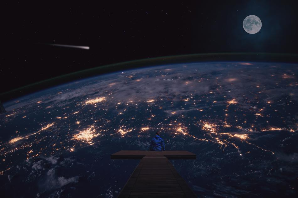 Aerial view of the colorful Earth with the bridge with sitting person, at background with the Moon, clipart