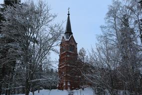 tower church trees white snow