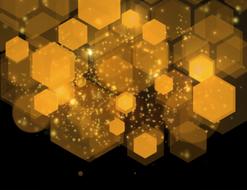 golden transparent hexagons in darkness, abstract background