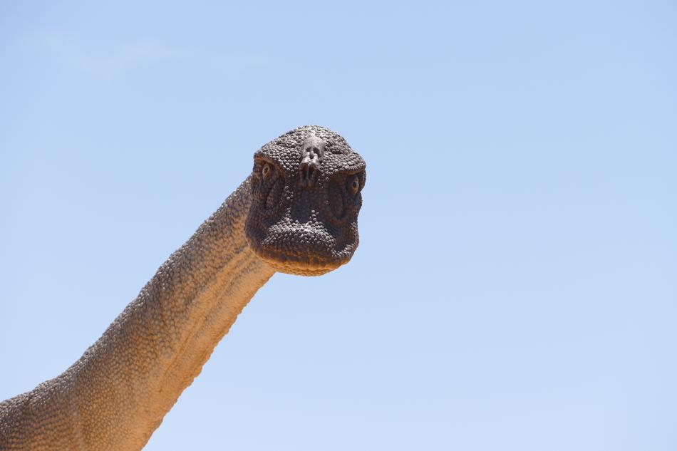 a long-necked dinosaur in a blue sky