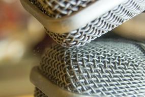 two silver Microphones, detail, macro