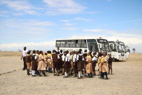 People, near the school buses on the sand in Africa