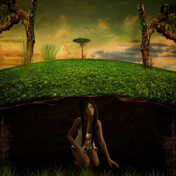 green field with a girl