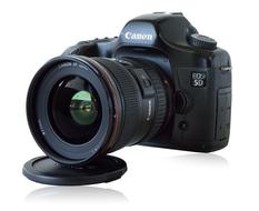 Beautiful, black "Canon 5d" camera, with the colorful, shiny screen, at white background, clipart