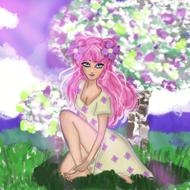 girl tree pink flowers sky