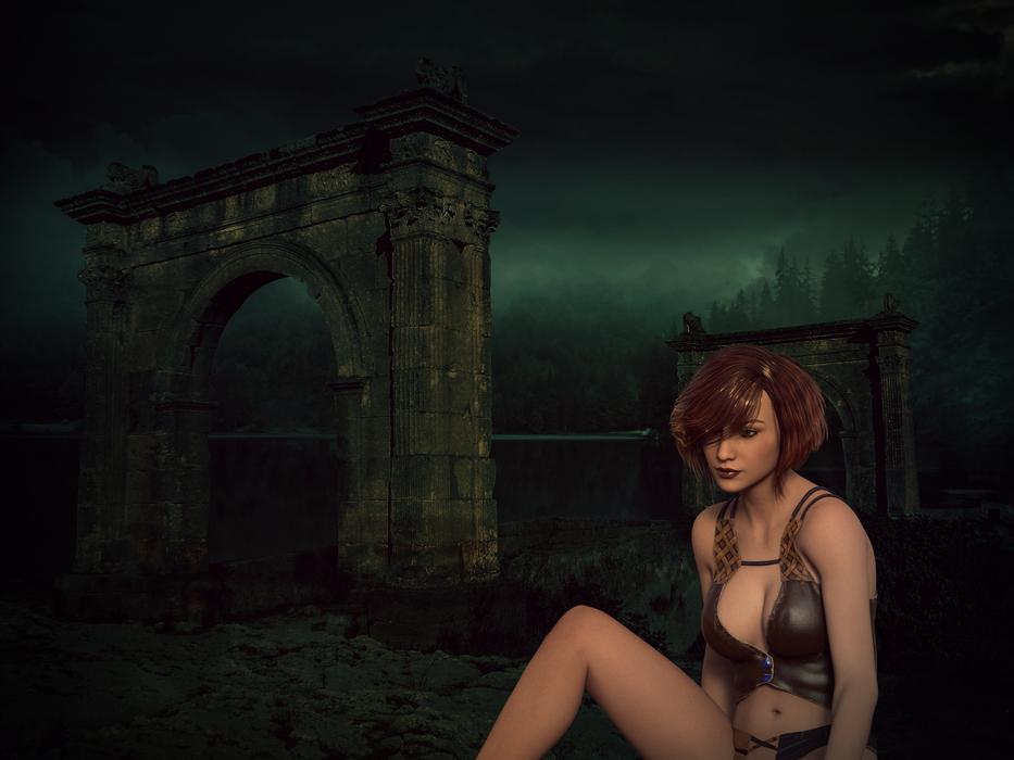 a girl in ruins