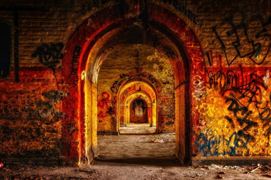 passage from the arches outlined with graffiti