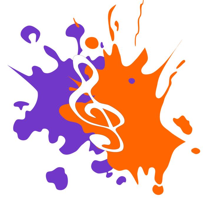 drawn treble clef on purple and orange blots