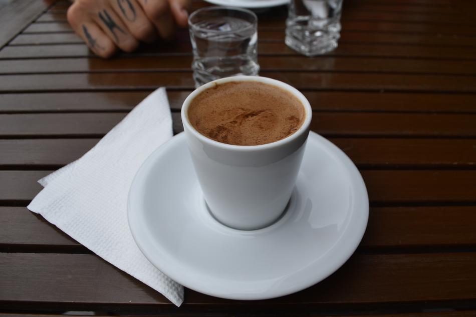 hot turkish coffee in a white mug