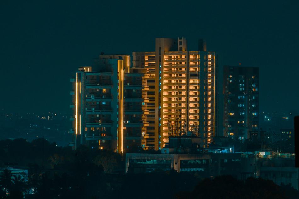 modern building illuminated by lights