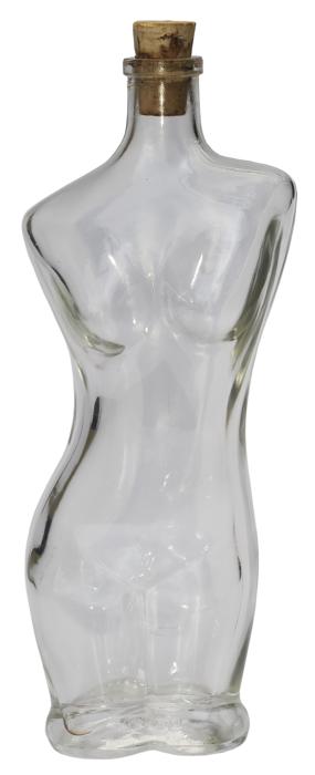 a glass bottle of girl with a cork
