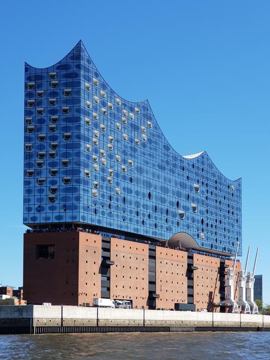 Port by the river with modern building