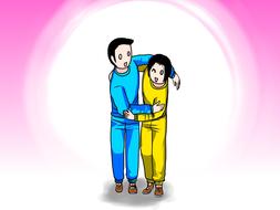 Clipart with the guy in blue clothing, helping guy in yellow clothing, at purple background, clipart