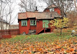 wooden house in an autumn forest