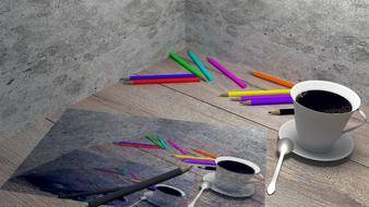mugs of hot coffee with pencils