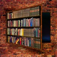 bookcase in front of secret passage in brick wall, render