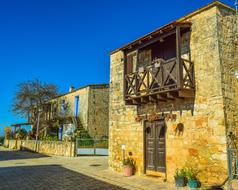 stone facades of buildings in kathikas village, cyprus