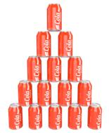 red cans lined up in a pyramid