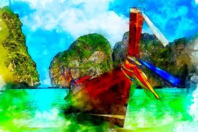 boat sea beach mountain watercolor