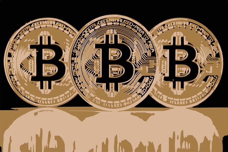 Coins with 'Bitcoin' signs, with reflections, at black background, clipart